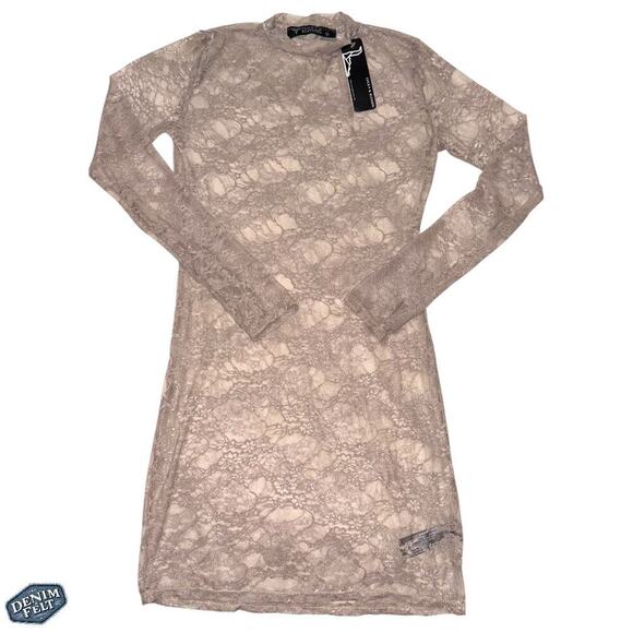 Lucky & Blessed Taupe Long Sleeve Lace Mini Dress S/M/L - Western Chic NEW - Picture 2 of 9